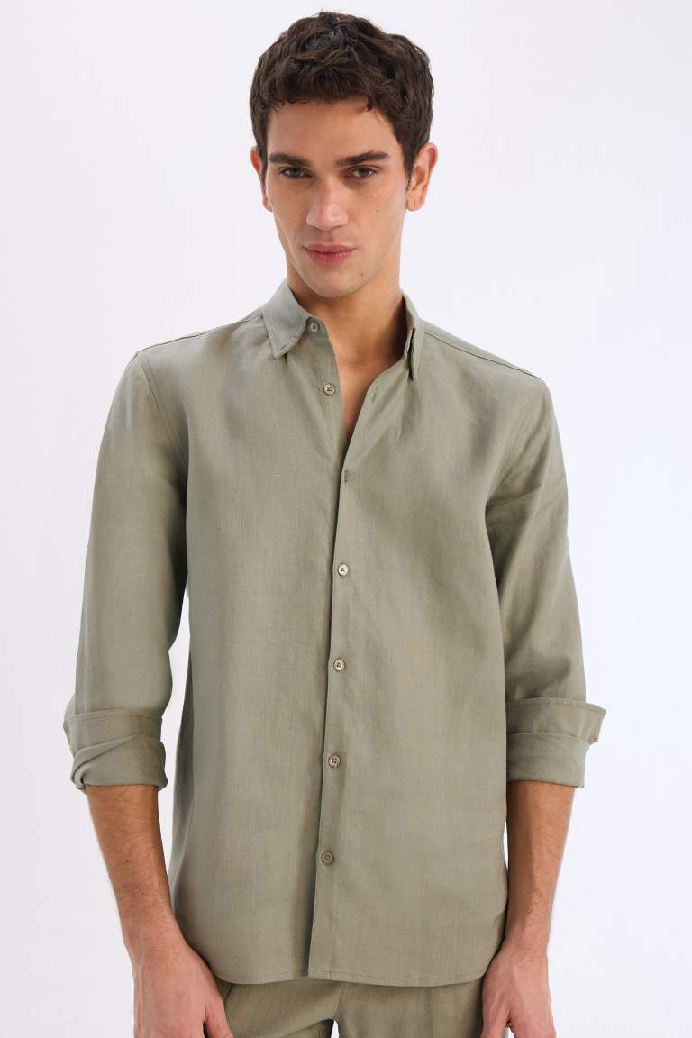 Regular Fit Polo Neck Linen Shirt