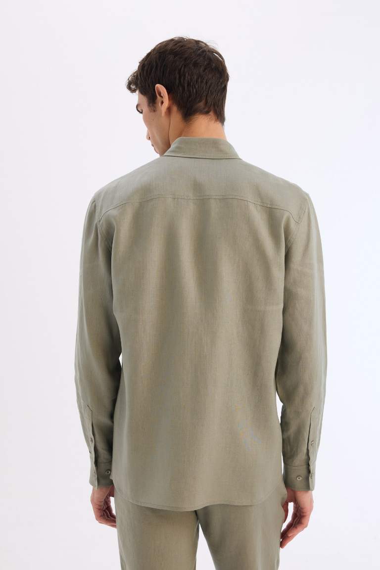 Regular Fit Polo Neck Linen Shirt