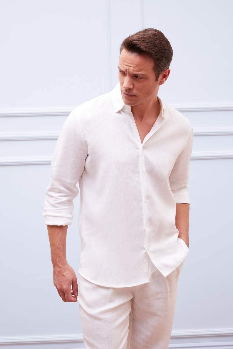%100 Keten Regular Fit Polo Yaka Yazlık Basic Düz Uzun Kollu Beyaz Gömlek