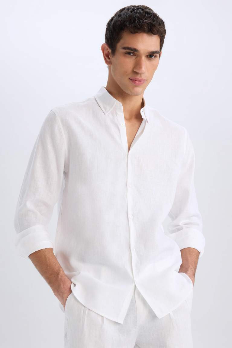%100 Keten Regular Fit Polo Yaka Yazlık Basic Düz Uzun Kollu Beyaz Gömlek