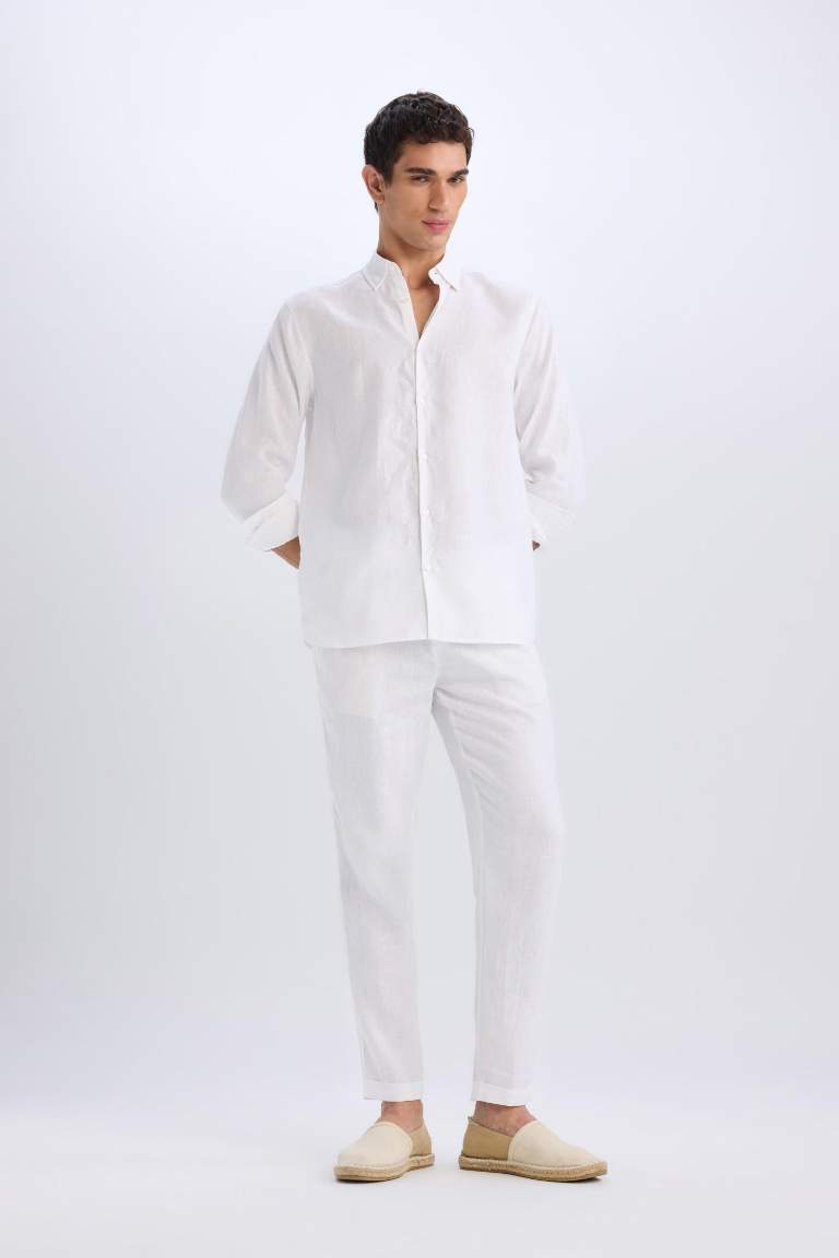 %100 Keten Regular Fit Polo Yaka Yazlık Basic Düz Uzun Kollu Beyaz Gömlek