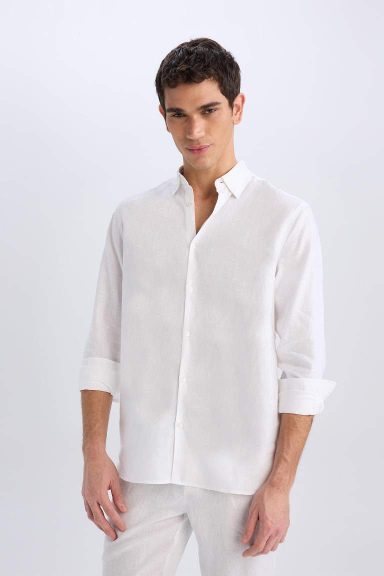 %100 Keten Regular Fit Polo Yaka Yazlık Basic Düz Uzun Kollu Beyaz Gömlek
