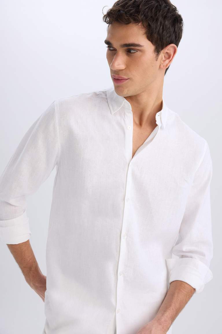 %100 Keten Regular Fit Polo Yaka Yazlık Basic Düz Uzun Kollu Beyaz Gömlek