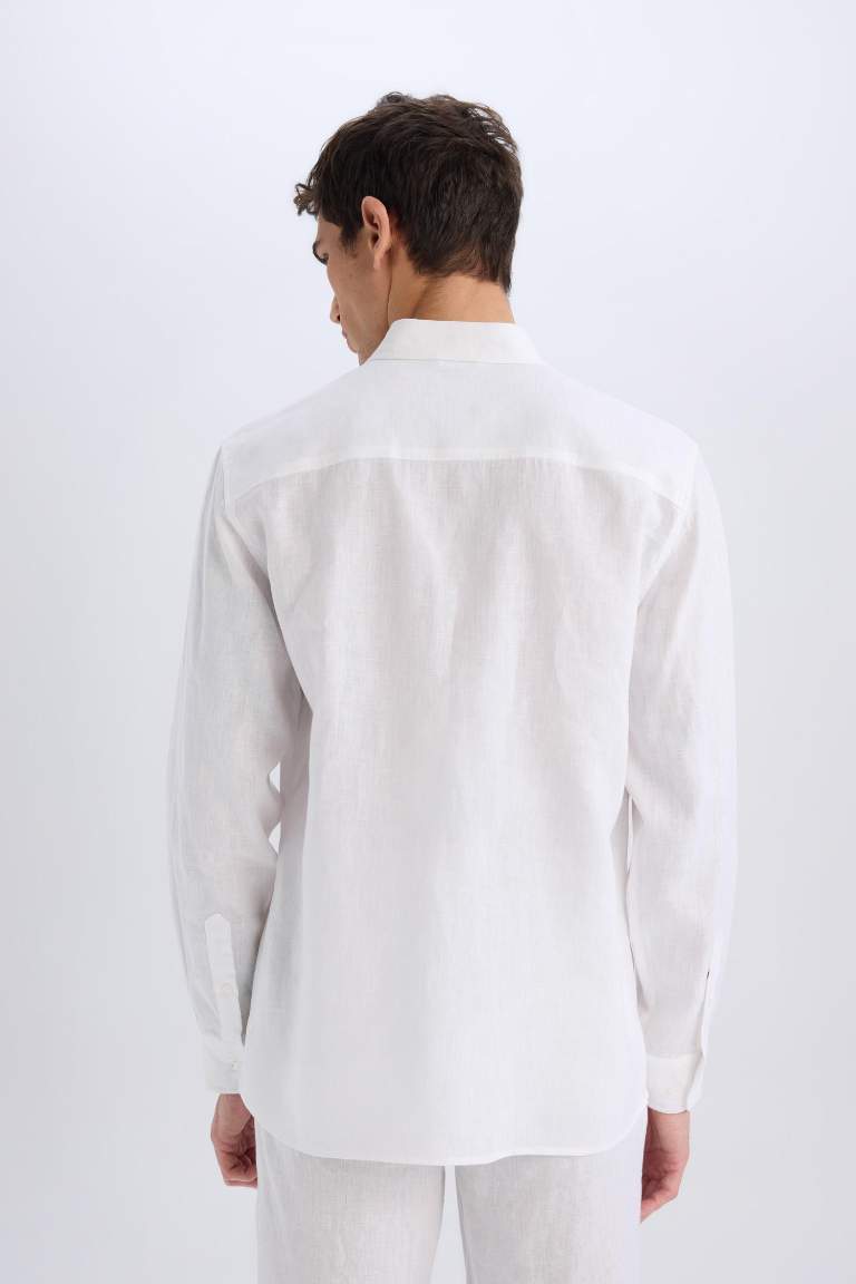 %100 Keten Regular Fit Polo Yaka Yazlık Basic Düz Uzun Kollu Beyaz Gömlek