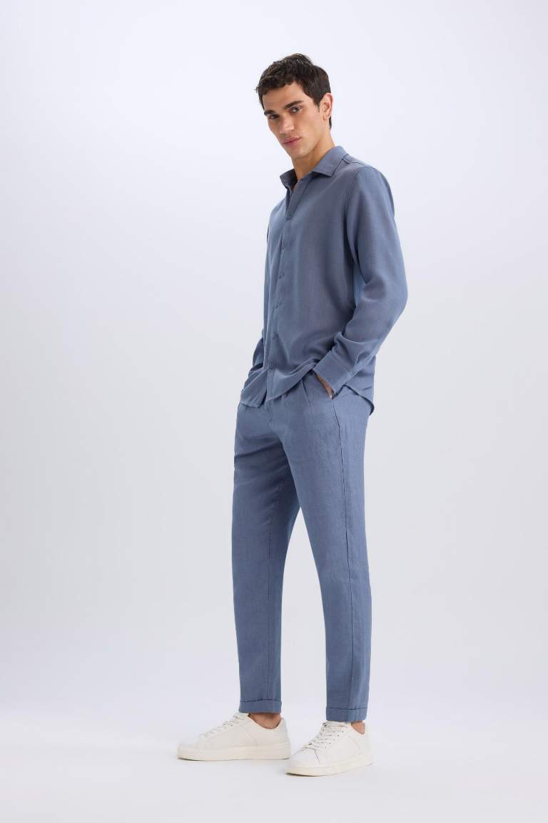 %100 Keten Normal Kesim Crop Duble Paça Yazlık Kumaş Pantolon