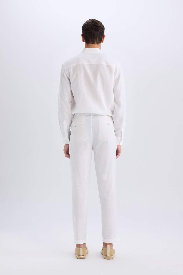 %100 Keten Normal Kesim Crop Duble Paça Yazlık Beyaz Kumaş Pantolon
