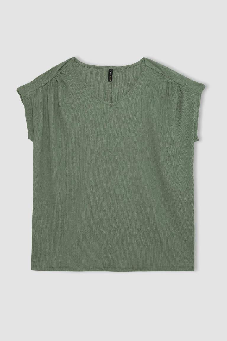 V Neck Crepe Short Sleeve T-Shirt