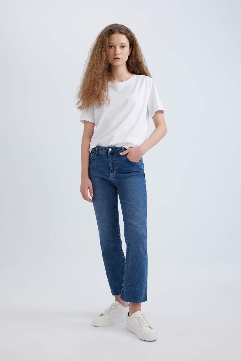 Pantalon Jean à Taille Normale à Jambe Évasée et longueur cheville