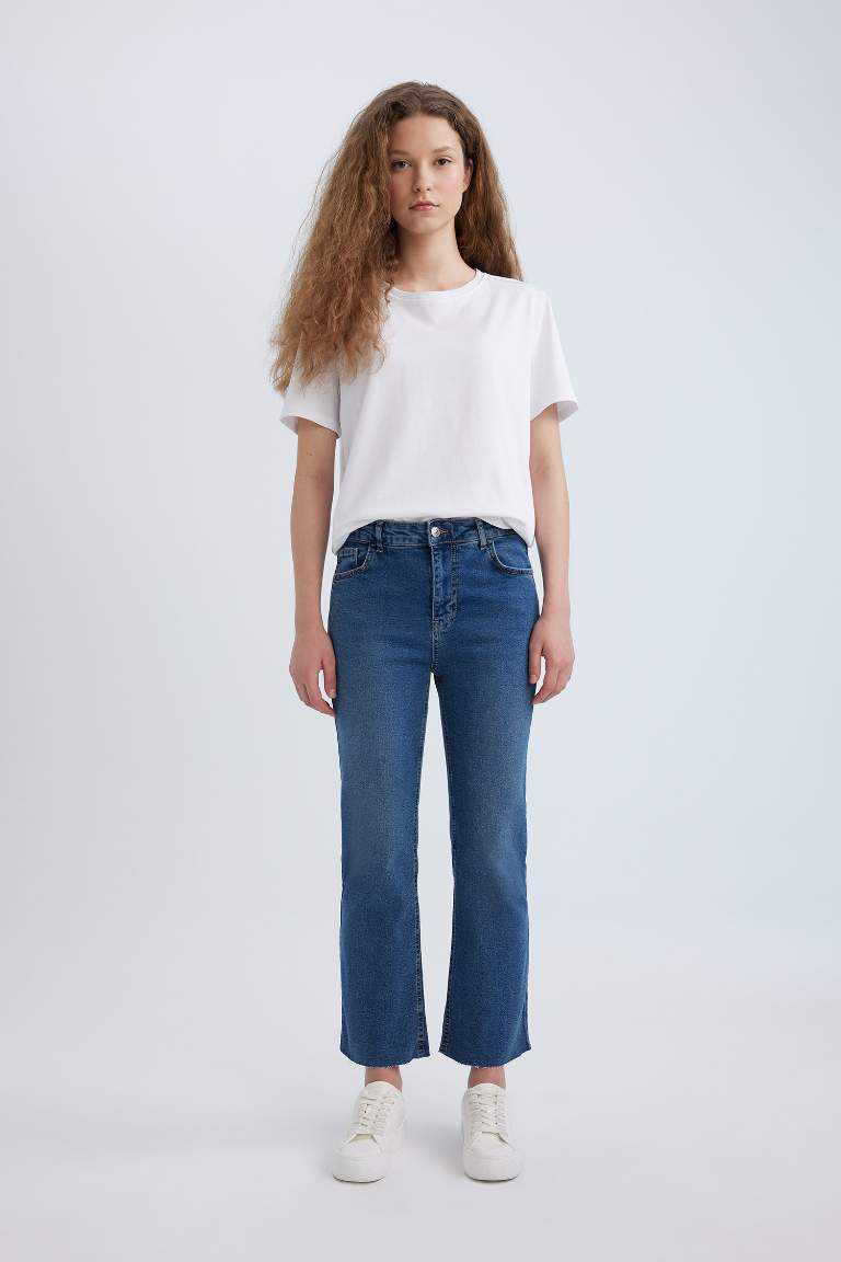 Pantalon Jean à Taille Normale à Jambe Évasée et longueur cheville