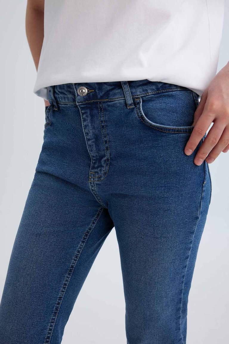 Pantalon Jean à Taille Normale à Jambe Évasée et longueur cheville