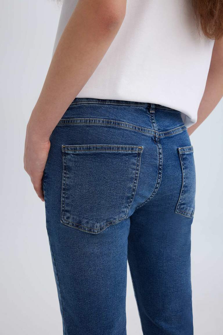 Pantalon Jean à Taille Normale à Jambe Évasée et longueur cheville