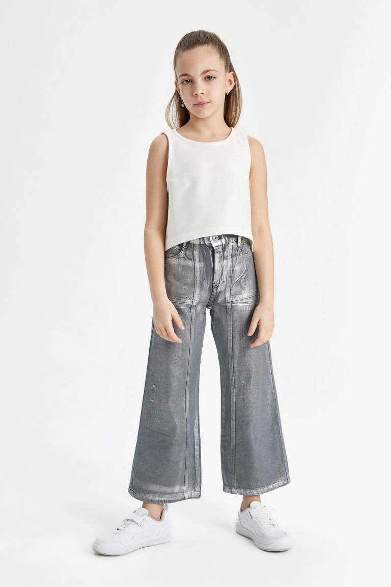 Kız Çocuk Wide Leg Geniş Bol Paça Parlak Jean Pantolon