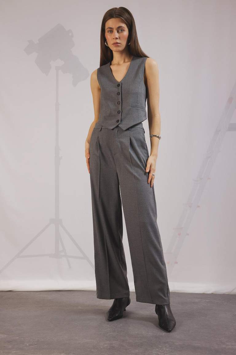 Wide Leg Pensli Klasik Palazzo Pantolon Geniş Bol Paça Basic Düz Uzun Boy Yüksek Bel Cepli