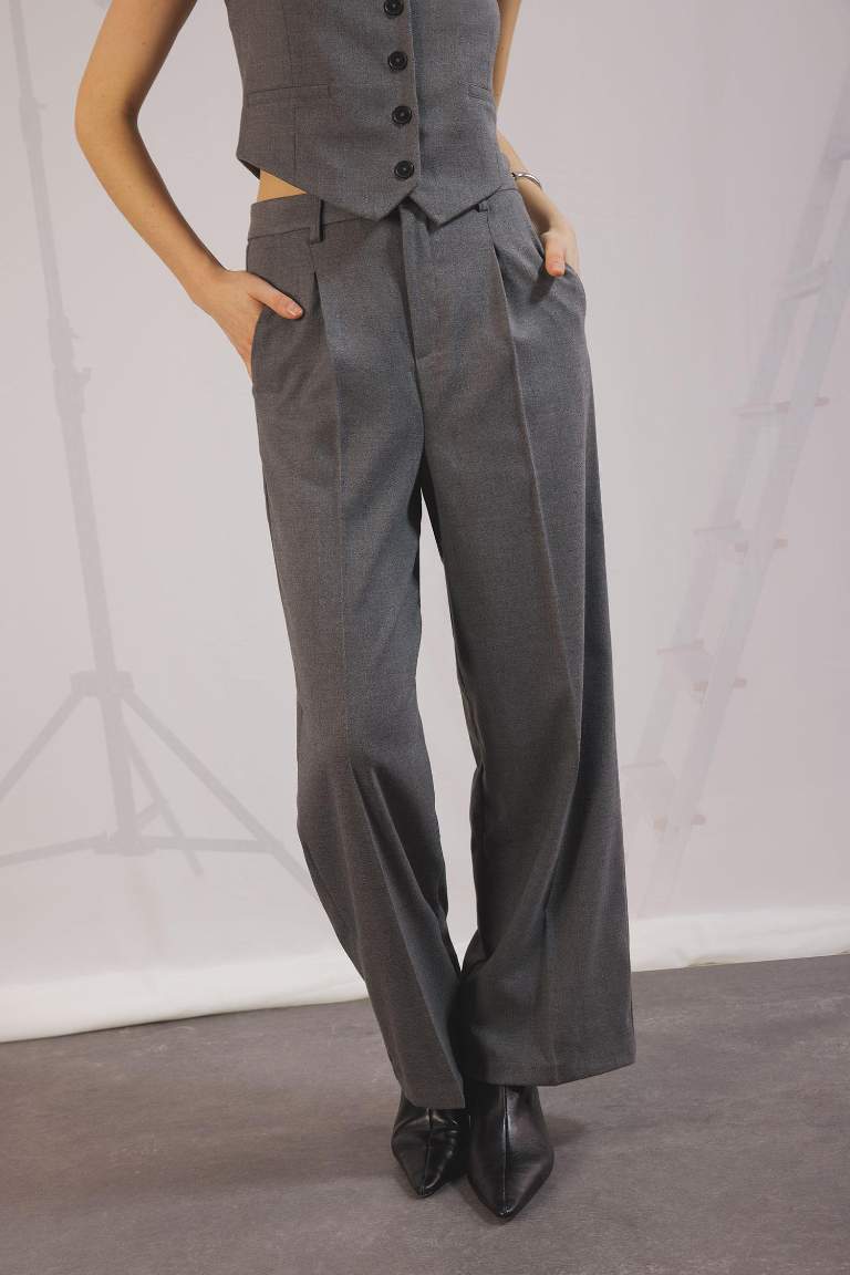 Wide Leg Pensli Klasik Palazzo Pantolon Geniş Bol Paça Basic Düz Uzun Boy Yüksek Bel Cepli
