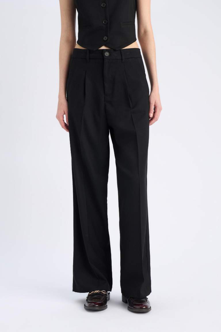 Wide Leg Pensli Klasik Palazzo Pantolon Geniş Bol Paça Basic Düz Uzun Boy Yüksek Bel Cepli