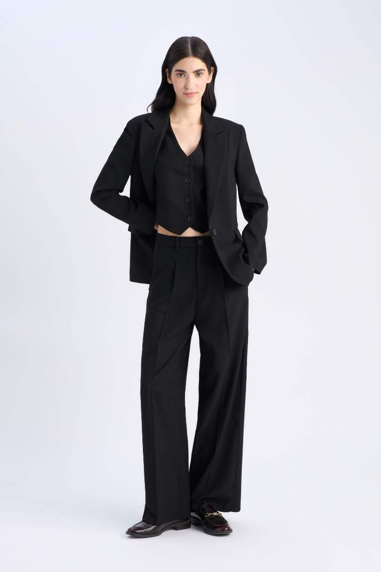 Wide Leg Pocketed High Waist Basic Classic Black Trousers