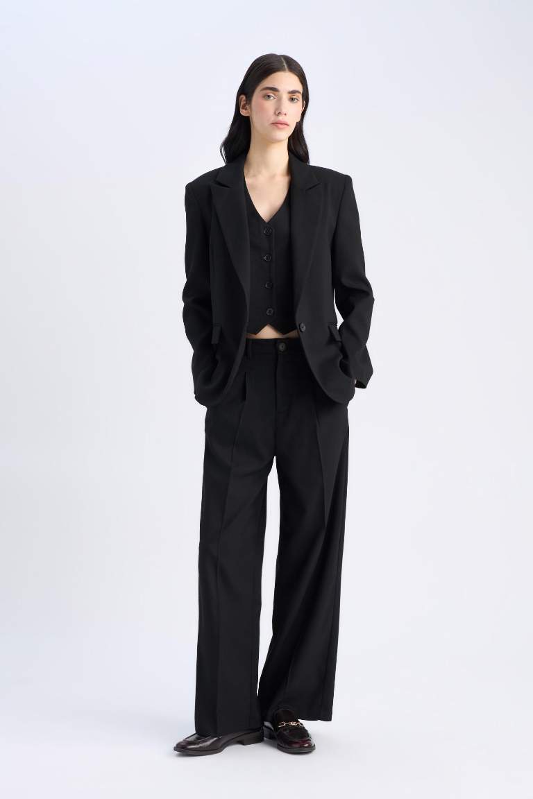 High Waist Pocketed Darted Wide Leg Basic Classic Trousers