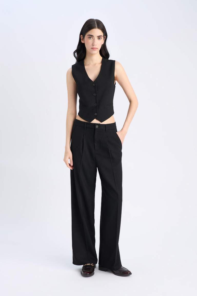 Wide Leg Pocketed High Waist Basic Classic Black Trousers