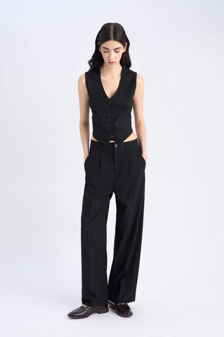 Wide Leg Pocketed High Waist Basic Classic Black Trousers