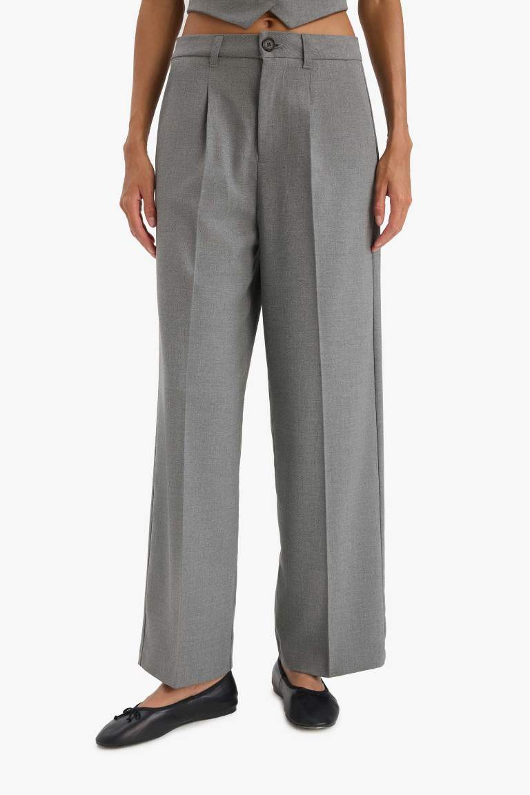 Wide Leg Gri Pantolon Geniş Bol Paça Basic Düz Uzun Boy Yüksek Bel Cepli Pensli 