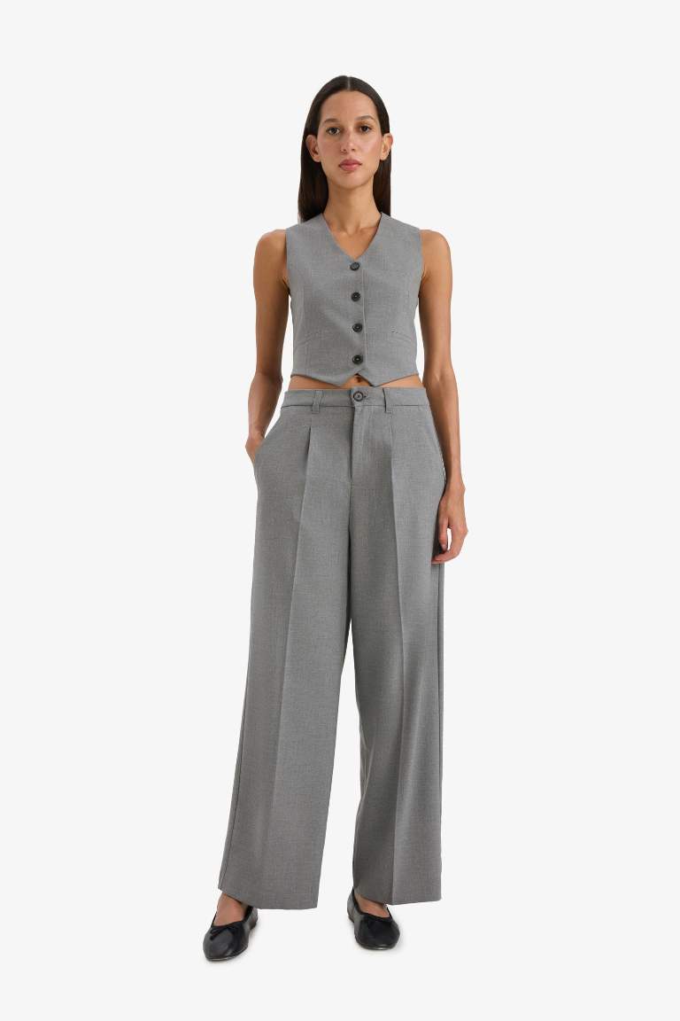 Wide Leg Gri Pantolon Geniş Bol Paça Basic Düz Uzun Boy Yüksek Bel Cepli Pensli 