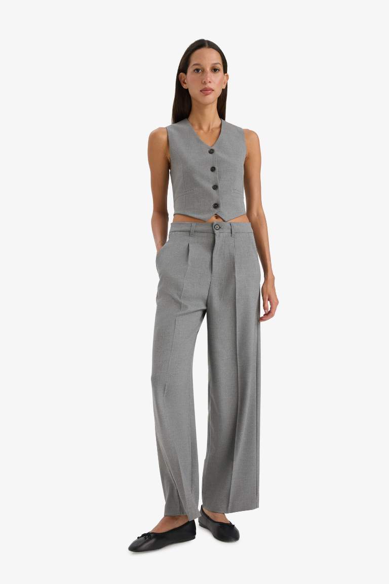 Wide Leg Gri Pantolon Geniş Bol Paça Basic Düz Uzun Boy Yüksek Bel Cepli Pensli 