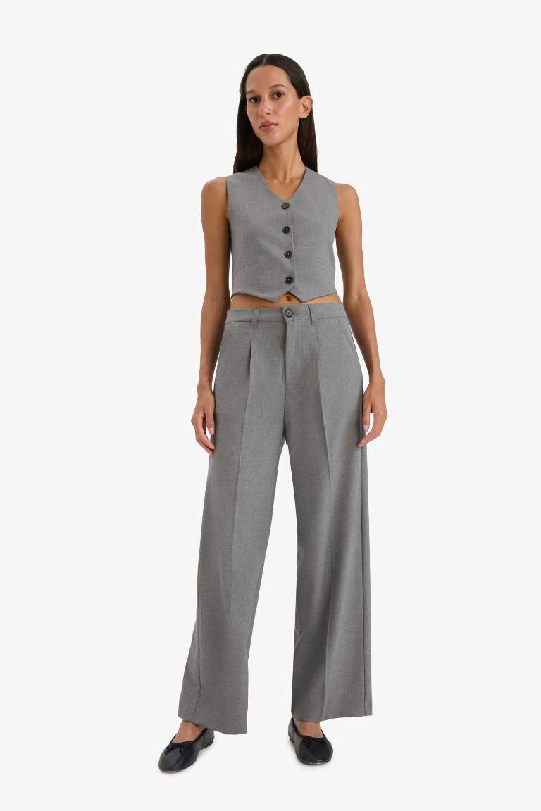 Wide Leg Gri Pantolon Geniş Bol Paça Basic Düz Uzun Boy Yüksek Bel Cepli Pensli 