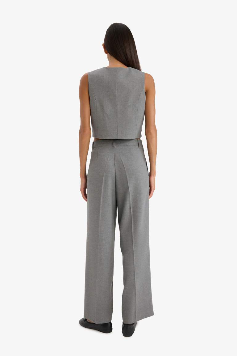 Wide Leg Gri Pantolon Geniş Bol Paça Basic Düz Uzun Boy Yüksek Bel Cepli Pensli 