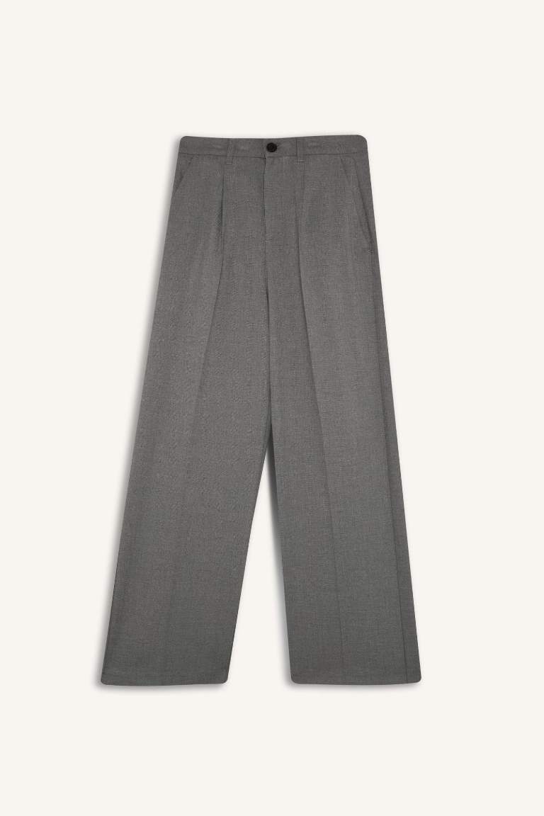Wide Leg Gri Pantolon Geniş Bol Paça Basic Düz Uzun Boy Yüksek Bel Cepli Pensli 