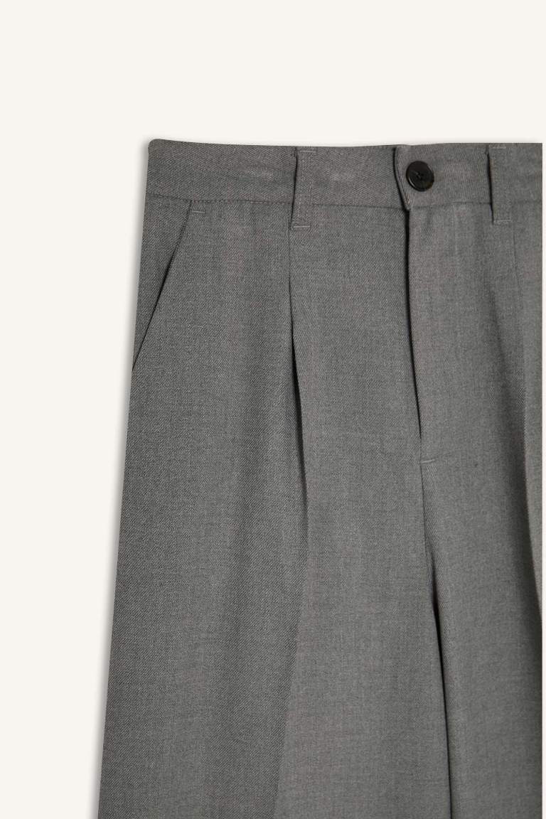 Wide Leg Gri Pantolon Geniş Bol Paça Basic Düz Uzun Boy Yüksek Bel Cepli Pensli 