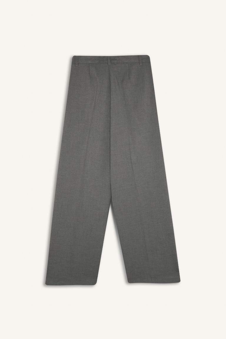 Wide Leg Gri Pantolon Geniş Bol Paça Basic Düz Uzun Boy Yüksek Bel Cepli Pensli 