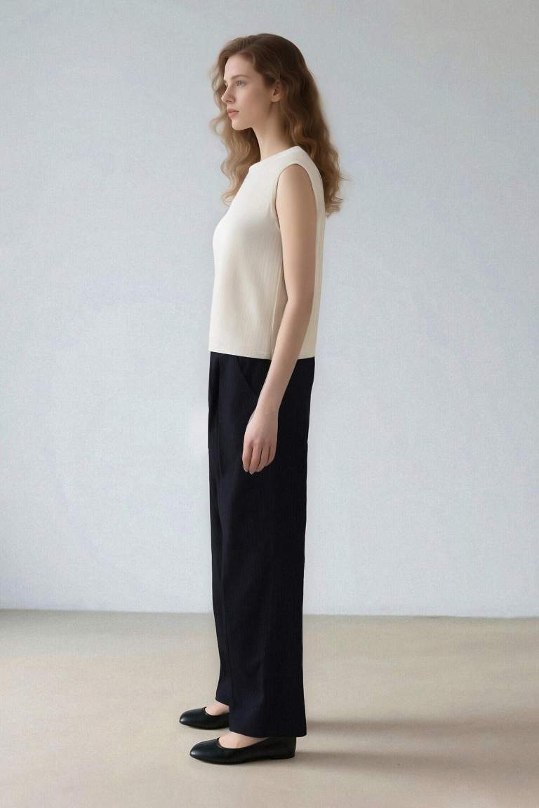 Wide Leg Klasik Lacivert Palazzo Pantolon Pensli Geniş Bol Paça Basic Düz Cepli Yüksek Bel