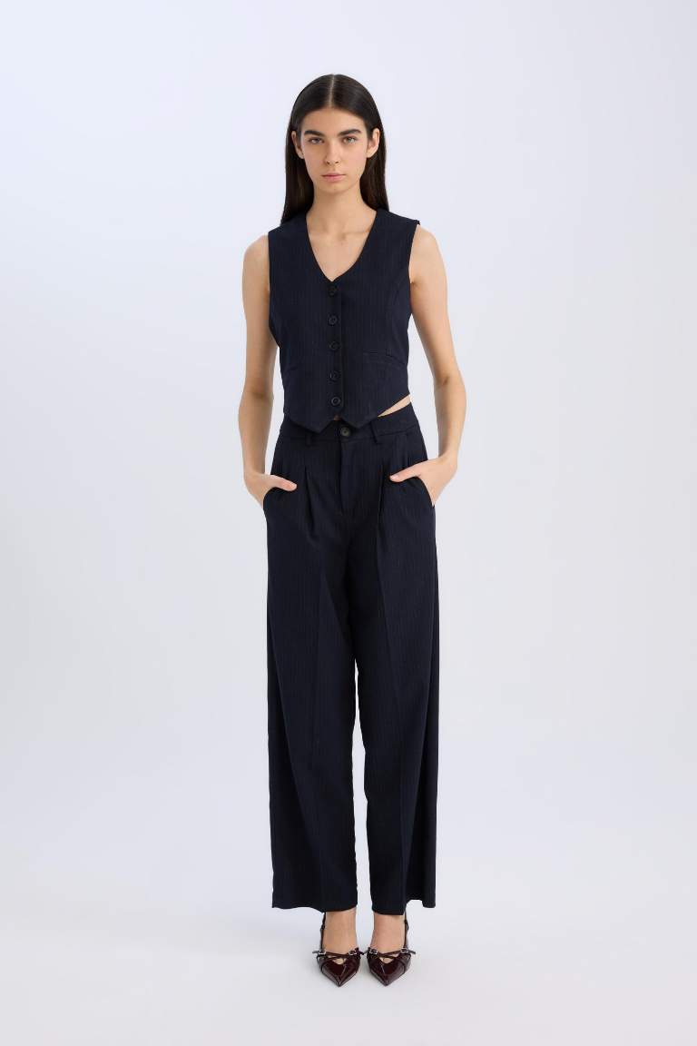 Wide Leg Pocket High Waist Basic Classic Blue Trousers