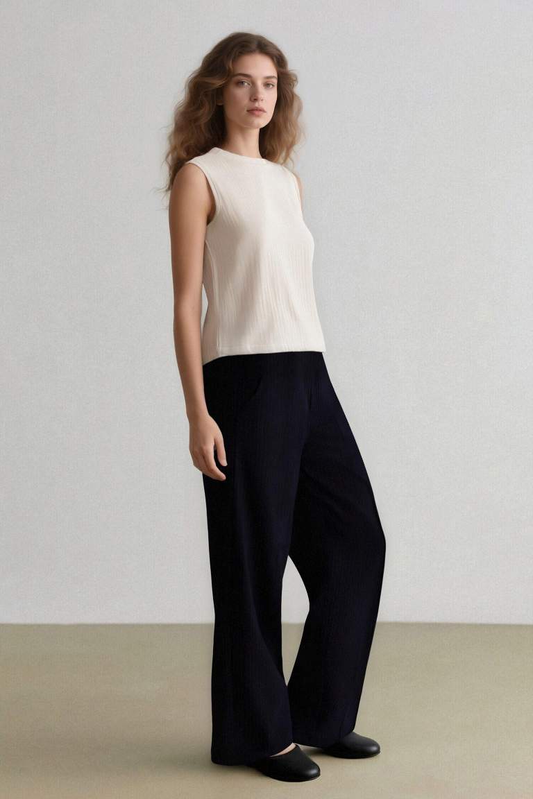 Wide Leg Klasik Lacivert Palazzo Pantolon Pensli Geniş Bol Paça Basic Düz Cepli Yüksek Bel