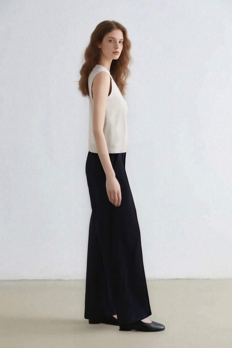 Wide Leg Klasik Lacivert Palazzo Pantolon Pensli Geniş Bol Paça Basic Düz Cepli Yüksek Bel