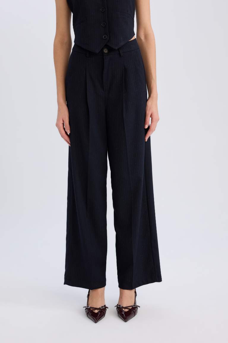 Wide Leg Pocket High Waist Basic Classic Blue Trousers