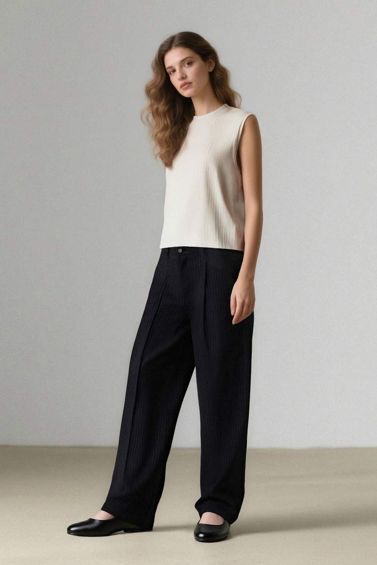 Wide Leg Klasik Lacivert Palazzo Pantolon Pensli Geniş Bol Paça Basic Düz Cepli Yüksek Bel