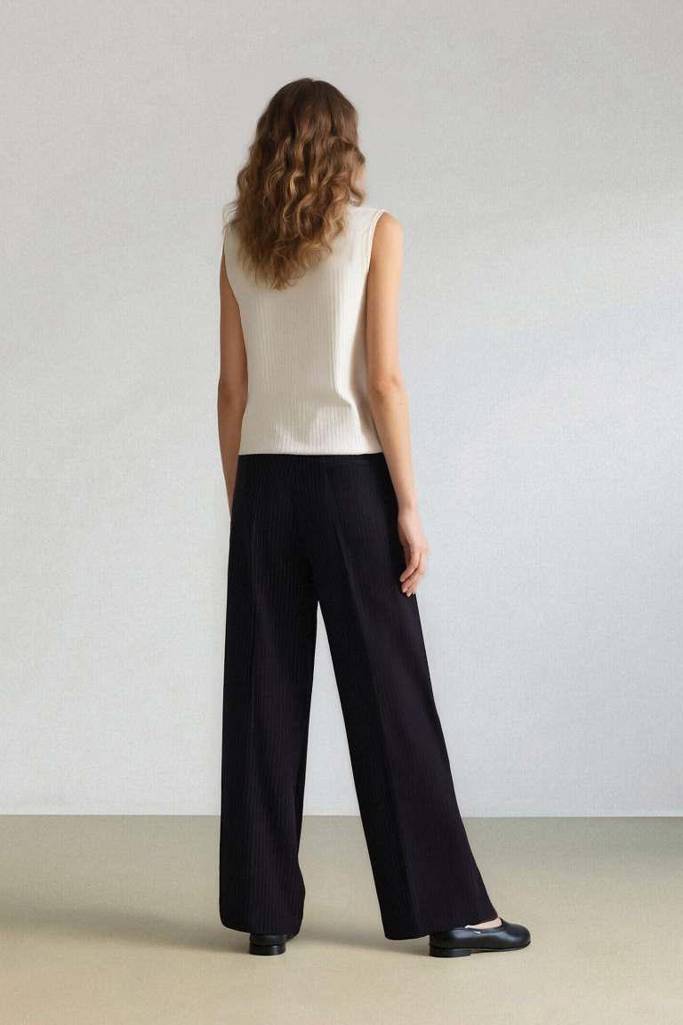 Wide Leg Klasik Lacivert Palazzo Pantolon Pensli Geniş Bol Paça Basic Düz Cepli Yüksek Bel