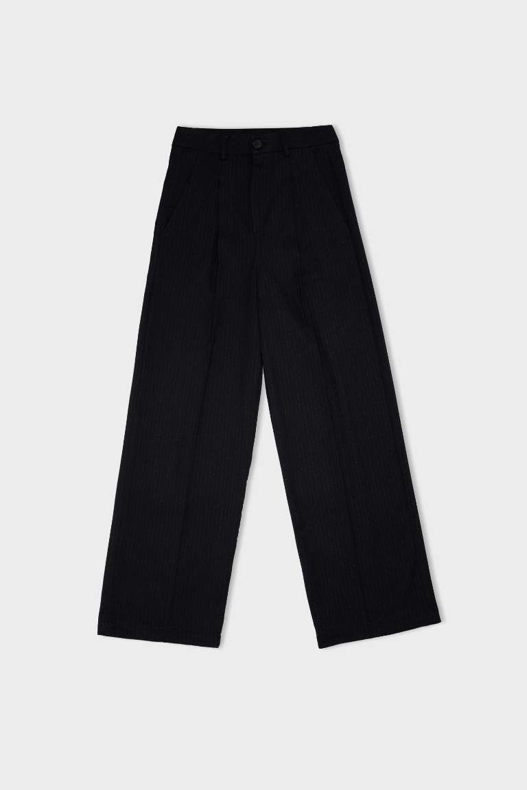 Wide Leg Klasik Lacivert Palazzo Pantolon Pensli Geniş Bol Paça Basic Düz Cepli Yüksek Bel