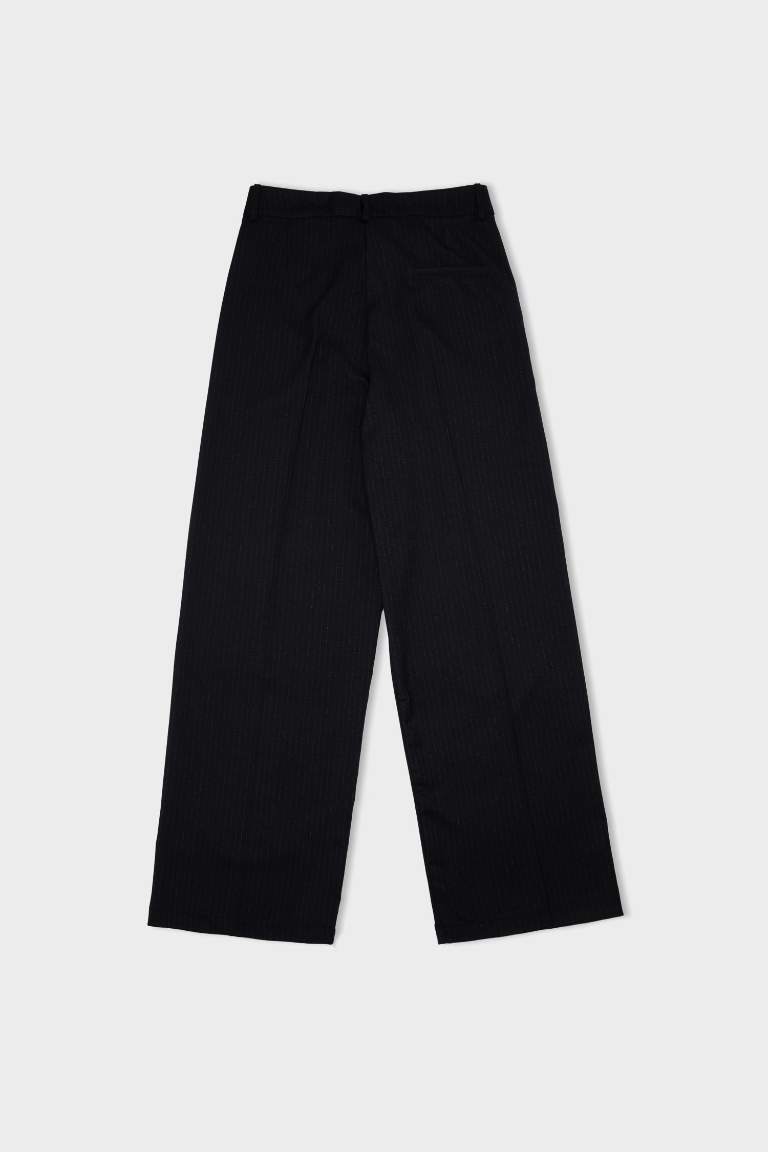 Wide Leg Klasik Lacivert Palazzo Pantolon Pensli Geniş Bol Paça Basic Düz Cepli Yüksek Bel