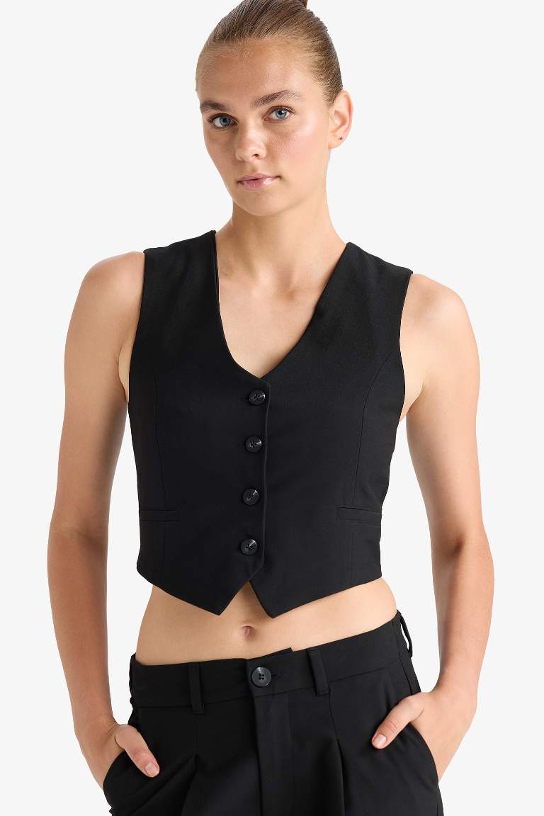 V Yaka Düğmeli Klasik Blazer Yelek