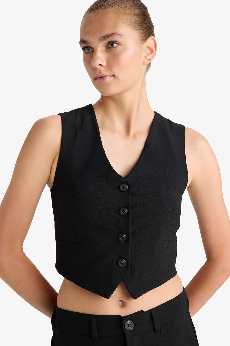 V Yaka Düğmeli Klasik Blazer Yelek