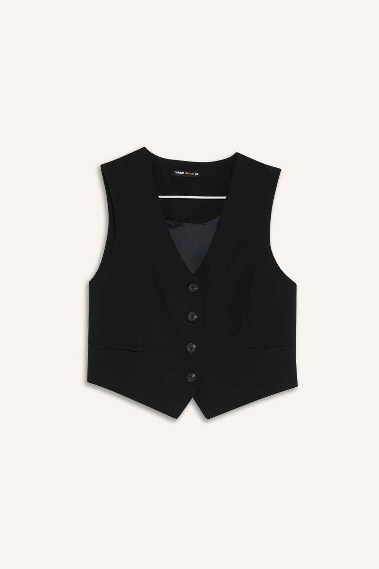 V Yaka Düğmeli Klasik Blazer Yelek