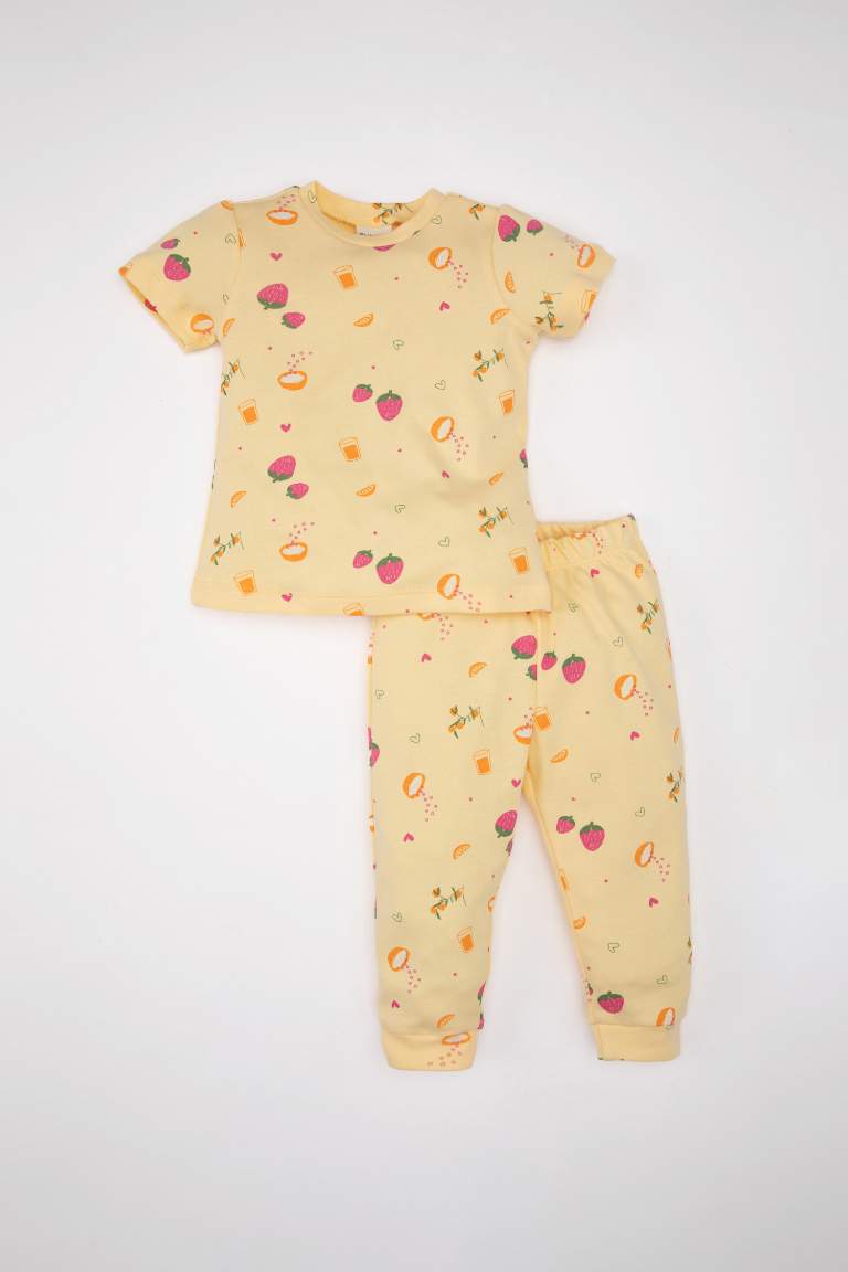 Kız Bebek Pijama Takım Desenli Kısa Kollu Üst Beli Lastikli Uzun Alt