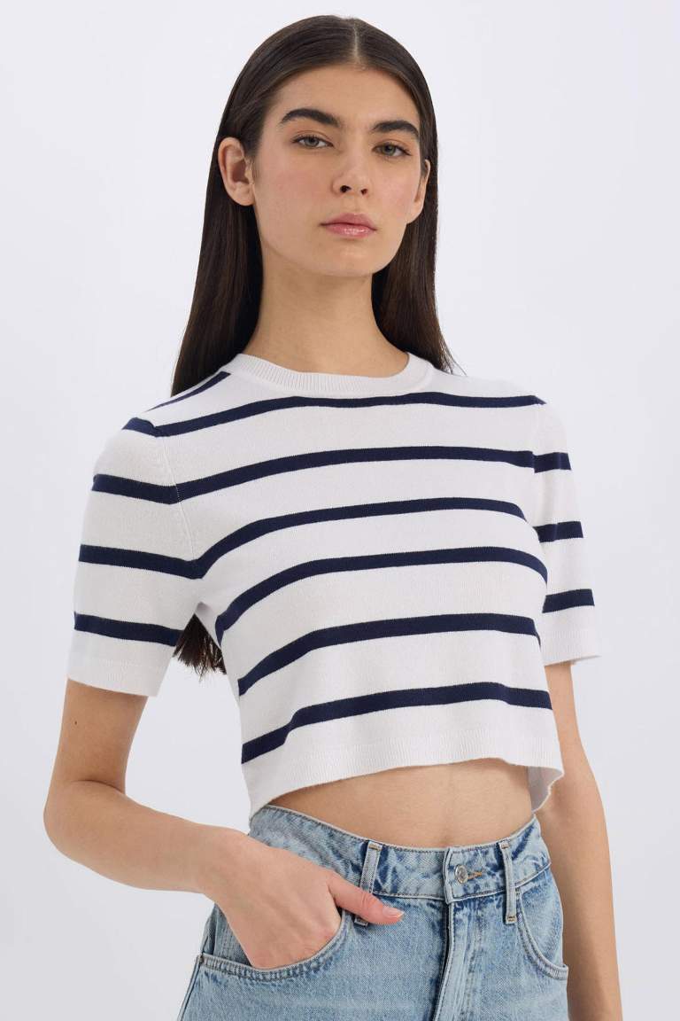 Fitted Crew Neck Striped Knitwear T-Shirt