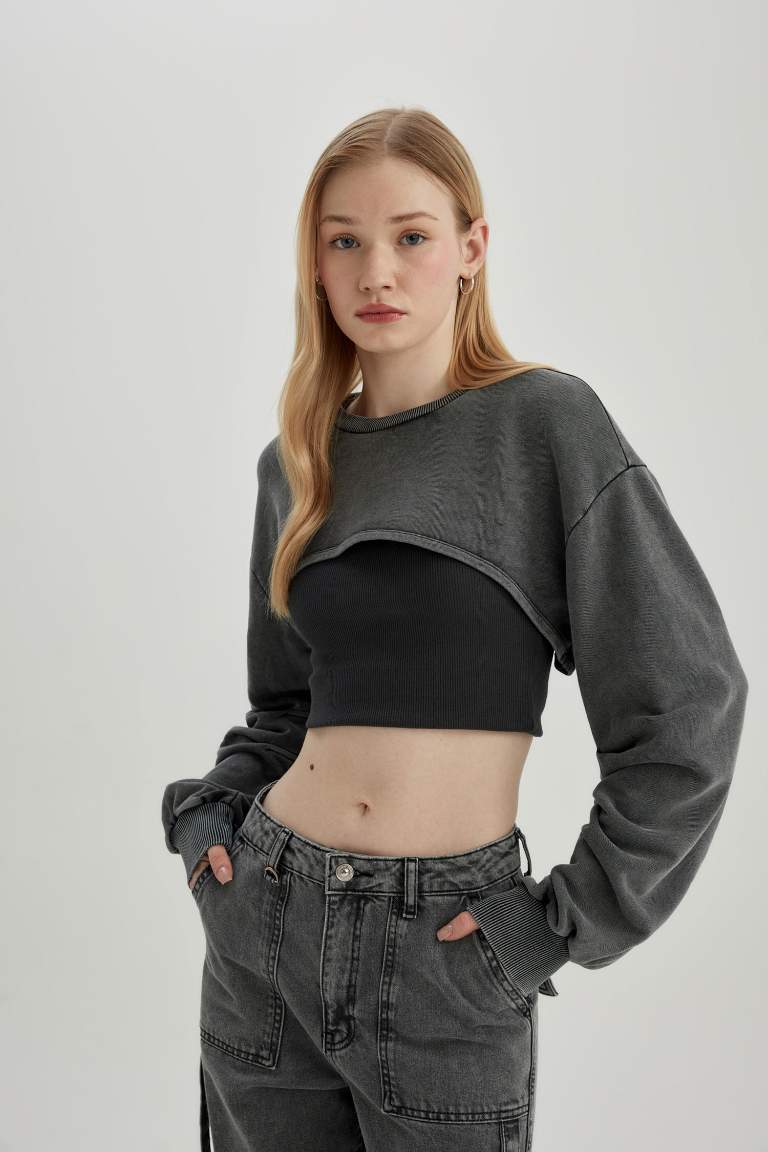 Washable Faded Effect Crop Sweatshirt