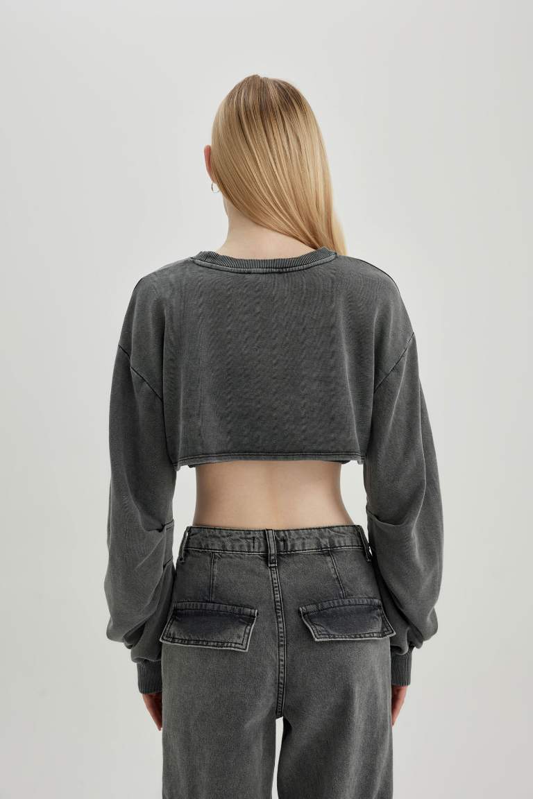 Washable Faded Effect Crop Sweatshirt