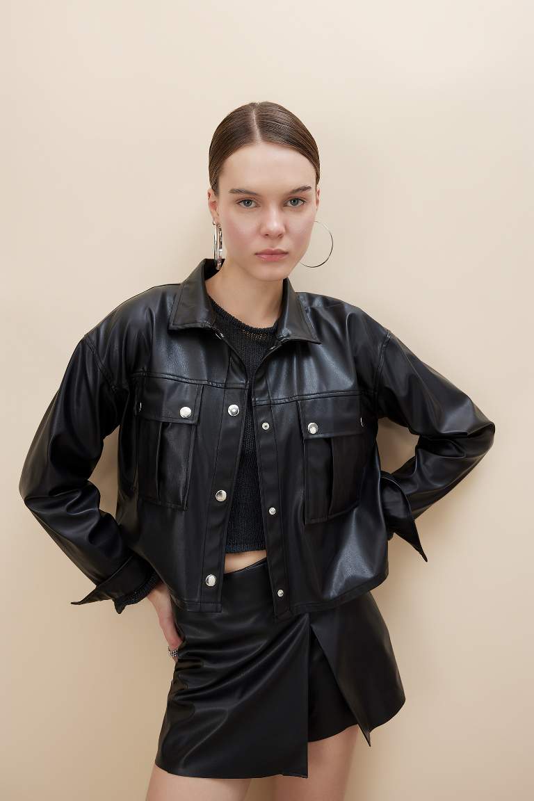 Oversize Fit Faux Leather Long Sleeve Shirt