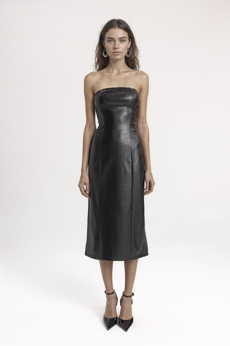 Bodycon Strapless Faux Leather Midi Dress