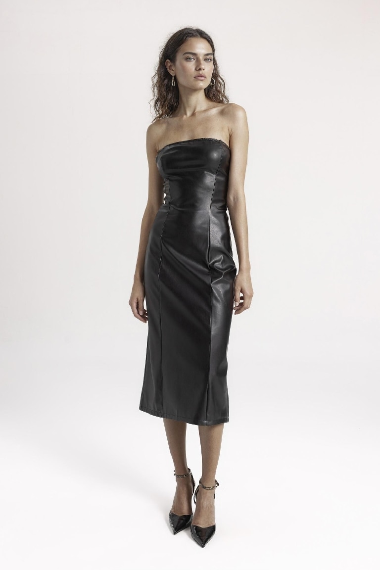 Bodycon Strapless Faux Leather Midi Dress